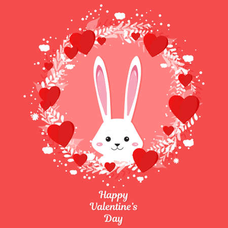 Cute white bunny with red hearts Happy Valentine's Day card vector illustrationのイラスト素材