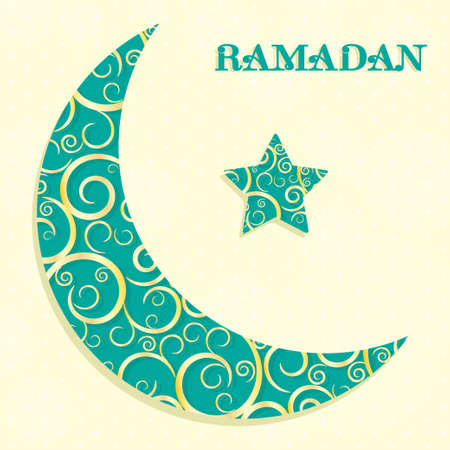 Crescent moon and star for Ramadan celebration decorated with golden ornaments, vector illustration.のイラスト素材