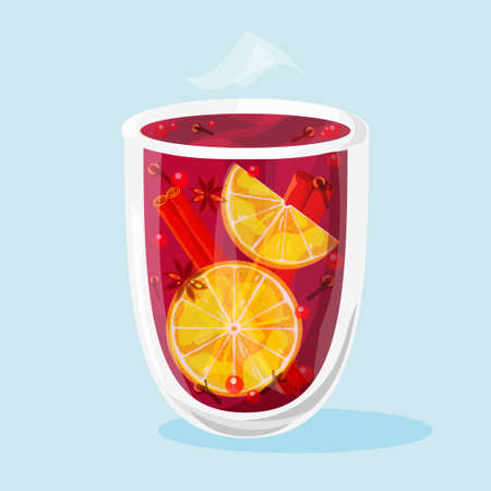 Glass of mulled wine with oranges, cinnamon, anise and berries. Vector illustration.のイラスト素材