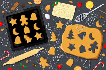 Christmas gingerbread cookies making vector illustration dough, cutters, spices, nuts, baking sheet, recipe.のイラスト素材