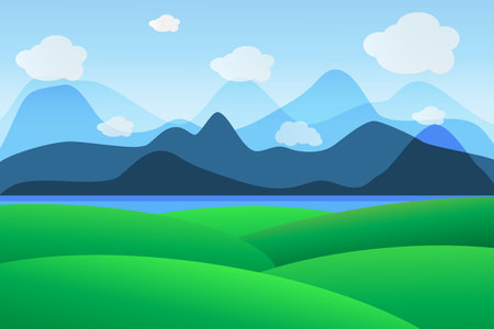 Landscape vector illustration with field hills, sea and mountains. Sky with clouds.のイラスト素材