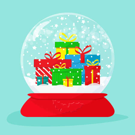 Snow globe with Christmas gift boxes inside. Colourful presents with bows. Vector illustration flat.のイラスト素材