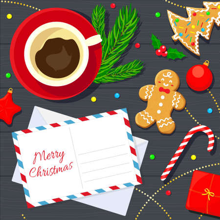 Christmas background with coffee, gingerbread cookies and postcard with envelope. Vector illustration flat.のイラスト素材