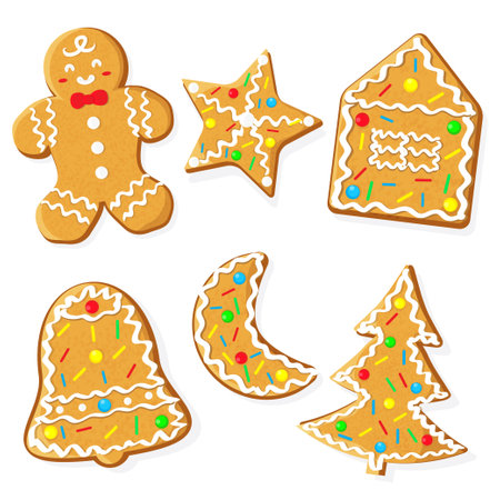 Set of Christmas gingerbread cookies isolated on white. Decorated with icing and candies. Vector illustration flat.のイラスト素材