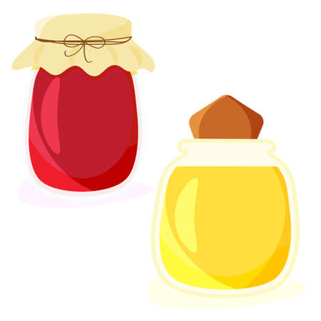 Two glass jars with honey and berry jam isolated on white. Sweet preserves. Vector illustration flat.のイラスト素材