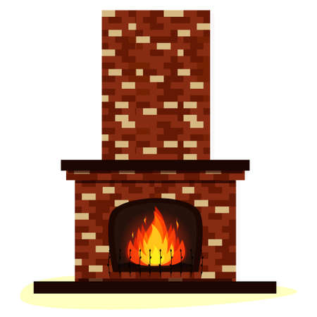 Old traditional brick fireplace with fire isolated on white. Vector illustration flat.のイラスト素材