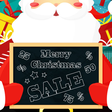 Santa holding a chalk board with Christmas sale offer. Vector illustration flat.のイラスト素材