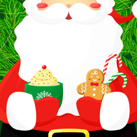 Santa holding cup of milk and gingerbread cookie in hands. Christmas card vector illustration flat.のイラスト素材