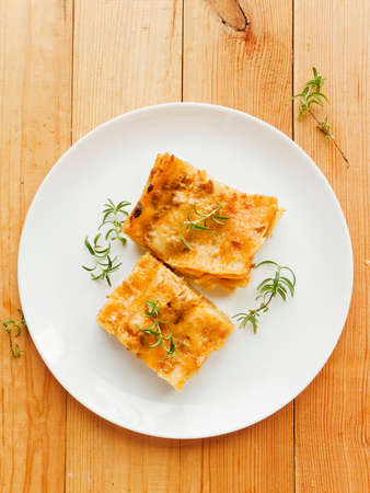 Traditional italian homemade lasagne with sauce and cheese. Shallow dof.