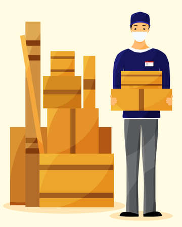 Delivery man in a mask holding a box in hands. Vector illustration.のイラスト素材
