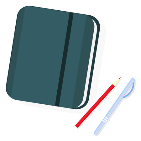 Blue notepad with pencil and pen. Vector illustration flat.のイラスト素材