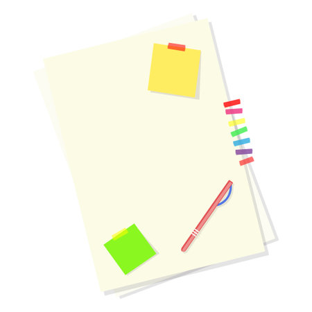 Sheets of white paper, colorful sticky notes and pen. Vector illustration flat.のイラスト素材
