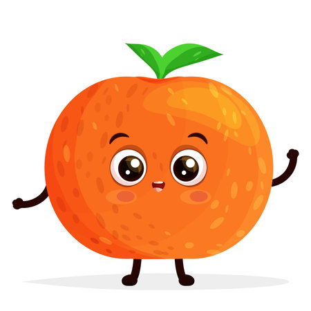 Cartoon character happy orange with green leafs standing and waving hand, excited smiling expression, saying hello, flat vector illustration isolated on white background.のイラスト素材
