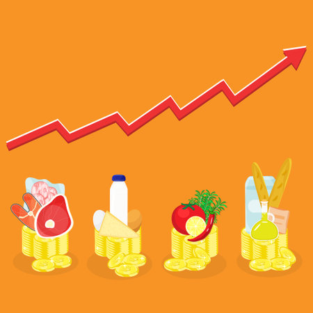 Living concept. Infographic vector illustration of grocery food and drink main products stand on coins stacks with red arrow rising up. Living cost inflation and budget planning.のイラスト素材