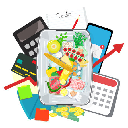 Living concept. Infographic vector illustration basket with grocery products, calculator with smartphone, to do list and envelope with notes laying around. Living cost inflation and budget planning.のイラスト素材
