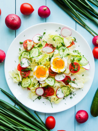 Home cooking and healthy eating concept. Plate with fresh spring salad of radish, cherry tomatoes, cucumber, greens iceberg and boiled eggs salad in olive oil, top view of plate with vitamin meal.の写真素材