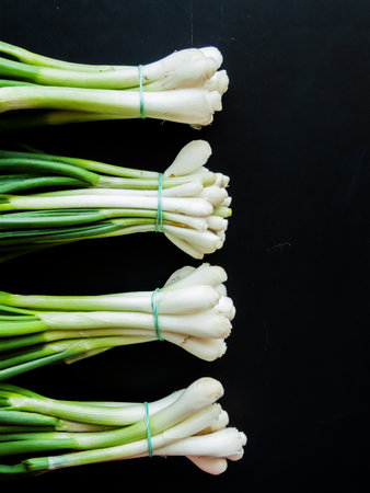 Seasonal diet and nutrition, healthy eating concept. Fresh green leek onion on the dark wooden table background, top view bunch of greens on the table.の写真素材