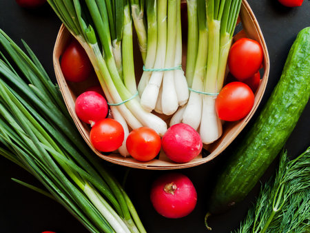 Seasonal diet and nutrition, healthy eating concept. Fresh red cherry tomatoes, green leek, radish and cucumber in basket on table background, top view of vegetables.の写真素材