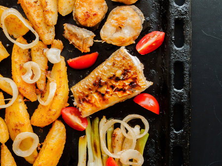 Cooking and healthy eating concept. Oven pan with sliced baked potatoes, fish steaks and vegetables...
