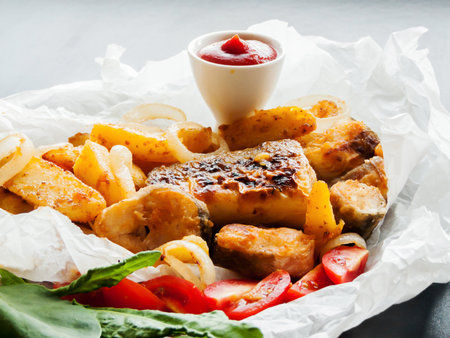 Fast food and healthy eating concept. Portion of fish and chips with ketchup sauce, baked potatoes...