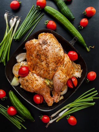 Whole chicken marinated with herbs and spices in soy sauce lying in pan with cherry tomatoes, cabbage and green leek onion ready to be cooked in oven. Dinner homemade meal chicken in preparation.の写真素材