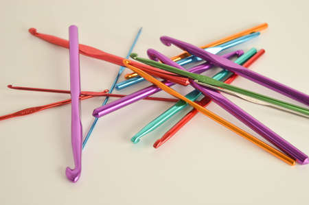 colorful metal crochet hooks close upの写真素材