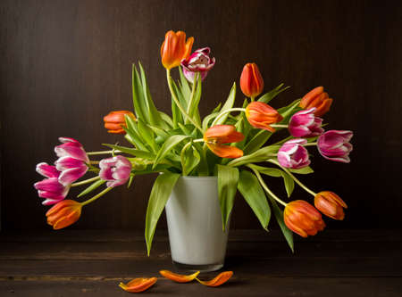 pink and orange colored tulips in vase in front of a dark brown wooden wall backgroundの写真素材