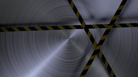 Background with radial brushed steel, with 3 seperated planks in warning colours (3d rendering)の写真素材