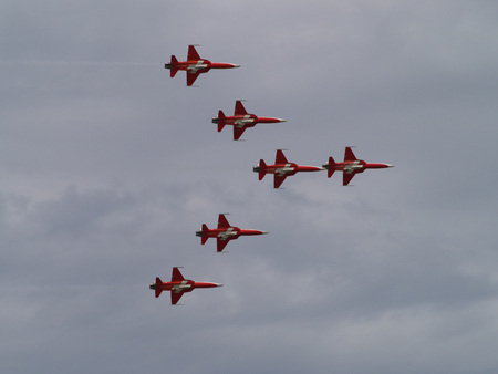 The Patrouille Suisse (aerobatic squadron) in action during the 75th Anniversary of the Swiss...