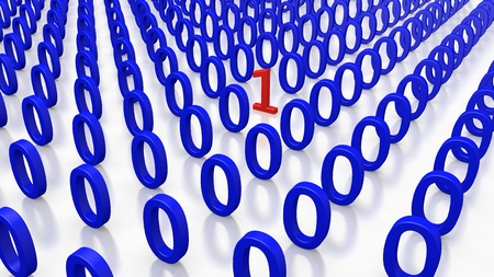 Single Binary Number One in many Zero's on a white Background