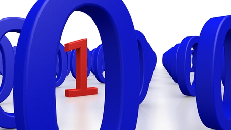 Single Binary Number One in many Zero's on a white Backgroundの写真素材