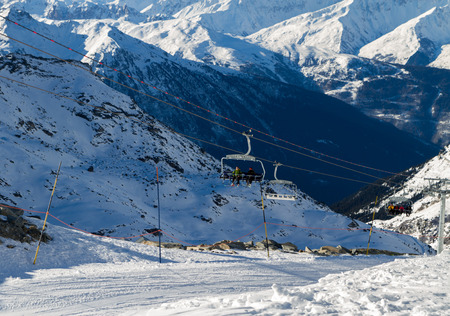 view of the snow-capped mountains , ski slopes , ski lifts, Val Thorens,  Franceの写真素材