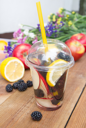 Summer drink, Sangria. Fruits, apples, lemon, blackberriesの写真素材