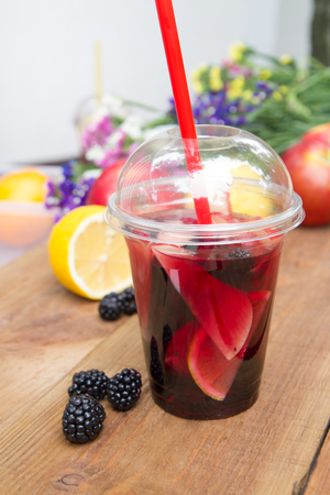 Summer drink, Sangria. Fruits, apples, lemon, blackberriesの写真素材