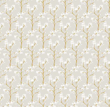 Simple seamless nature pattern with branch and flowers. Pastel colours, vintage retro style. Print for textile, fabrics, interior, wallpaper, baby room.のイラスト素材