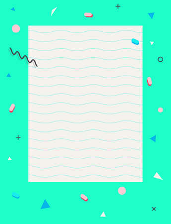 Empty blank page with decorative frame 80s 90s pattern.Geometric elements, stripes.Pastel palette mint.Modern print for notebooks, stationary, letters, message, planner.Memphis vector design style.のイラスト素材