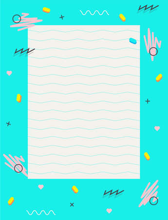 Empty blank page with decorative frame 80s 90s pattern.Geometric elements, stripes.Bright palette Blue, pink. Modern print for notebooks, stationary, letters, message. Memphis design style. Vectorのイラスト素材