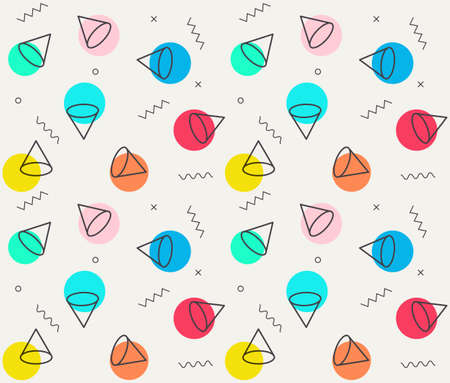 Seamless abstract 80s-90s pattern background.Geometric cone, stripes.Bright Pink, mint, yellow. Memphis design style.のイラスト素材