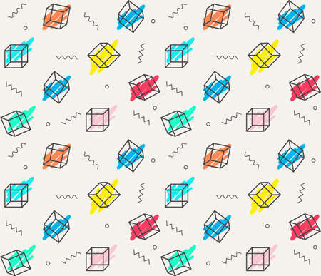 Seamless abstract 90s pattern background. Geometric cube, stripes. Bright palette Pink, mint, yellow.  Memphis design style.のイラスト素材