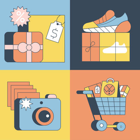 Set of e-commerce elements money, camera, sneaker, basketのイラスト素材