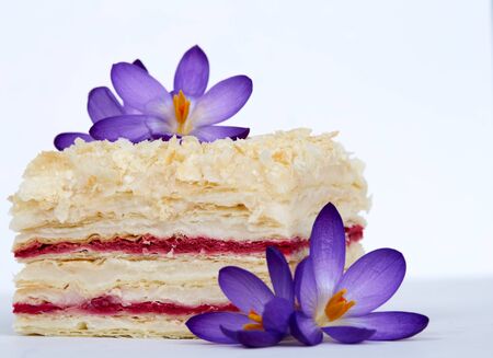 Vegan Napoleon cake with a layer of cherry jam and coconut cream.の写真素材