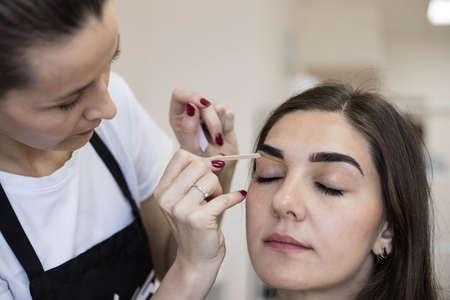 The master applies wax to depilate the hair of the eyebrows. Eyebrow correction.Wax epilation spa procedureの写真素材
