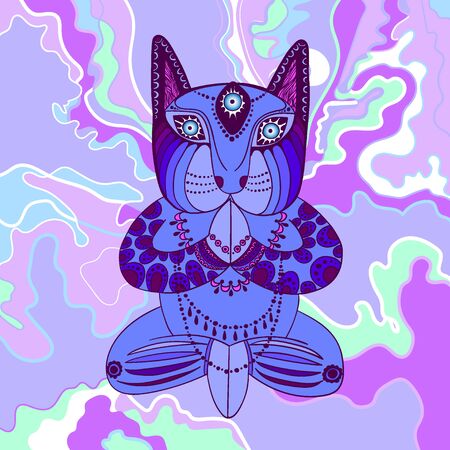 Blue cat with beads sitting in the lotus positionのイラスト素材