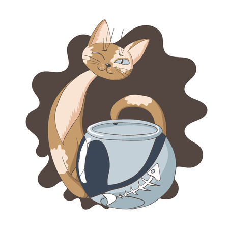 Funny sly cat with half-closed eye is sitting next to the aquariumのイラスト素材