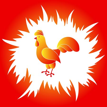 Red and yellow rooster in a red fire frame on white backgroundのイラスト素材