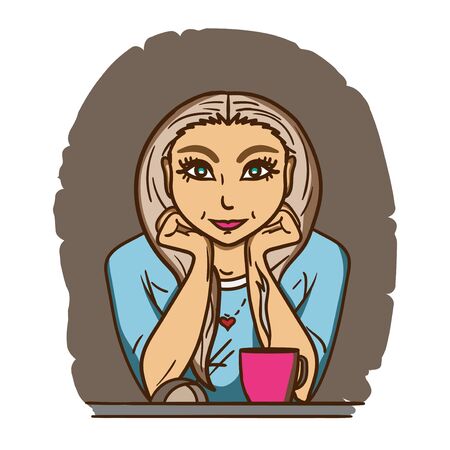 Pretty blonde sitting in front of monitor with a cup of teaのイラスト素材