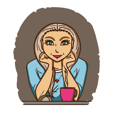Pretty blonde sitting in front of monitor with a cup of teaの写真素材