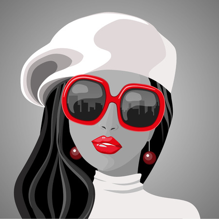 red black and white portrait of women with glassesのイラスト素材