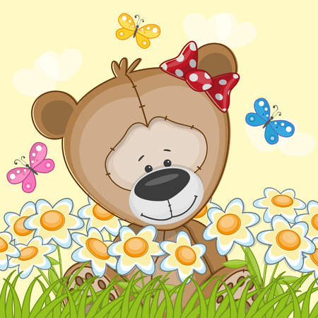 Bear with flowers and butterfliesのイラスト素材