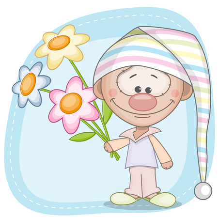 Gnome and flowers on a blue backgroundのイラスト素材
